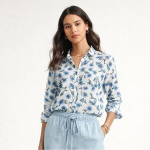 J. Crew blue and white floral print button front long sleeve shirt. Medium